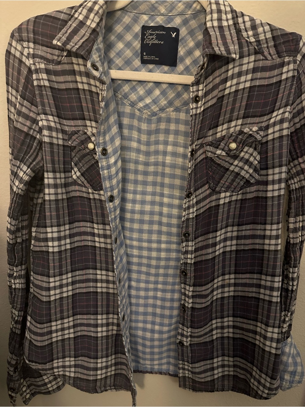 American Eagle Outfitters Women’s Gray Plaid shirt, with Blue & White Check